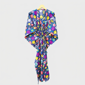 Robe kimono à imprimé floral bleu marine pour femmes, col en V, manches mi-longues, tunique longue - Product Image 1