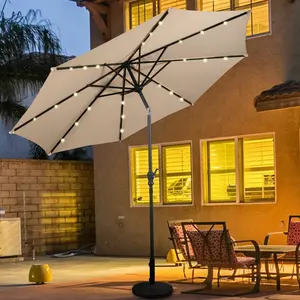 Im freien Fabrik UV Beständig Folding Runde Terrasse Solar LED Licht Regenschirm mit Kurbel, Runde hotel Strand Sonnenschirm