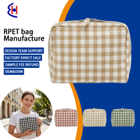 Sac de toilette en toile à carreaux gingham personnalisé avec logo, pochette à maquillage en coton, trousse de voyage zippée pour femme, vente en gros