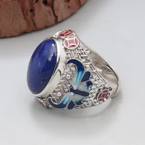 Vintage Sterling Silver gioielli all'ingrosso S925 argento blu smalto naturale Lapis ovale dimensione libera anello apribile per gli uomini