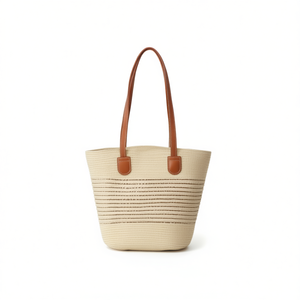 Sac cabas en paille Angelina 38x14x28cm, rayé, en herbe naturelle, sac de plage pour femme, usage estival - Product Image 1