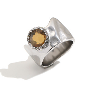 Stainless Steel Hammered Wide Band <b>Ring</b> 18K Gold Plated Citrine Zircon Vintage <b>Statement</b> Finger <b>Ring</b> For Women Jewelry Gift - Product Image 2