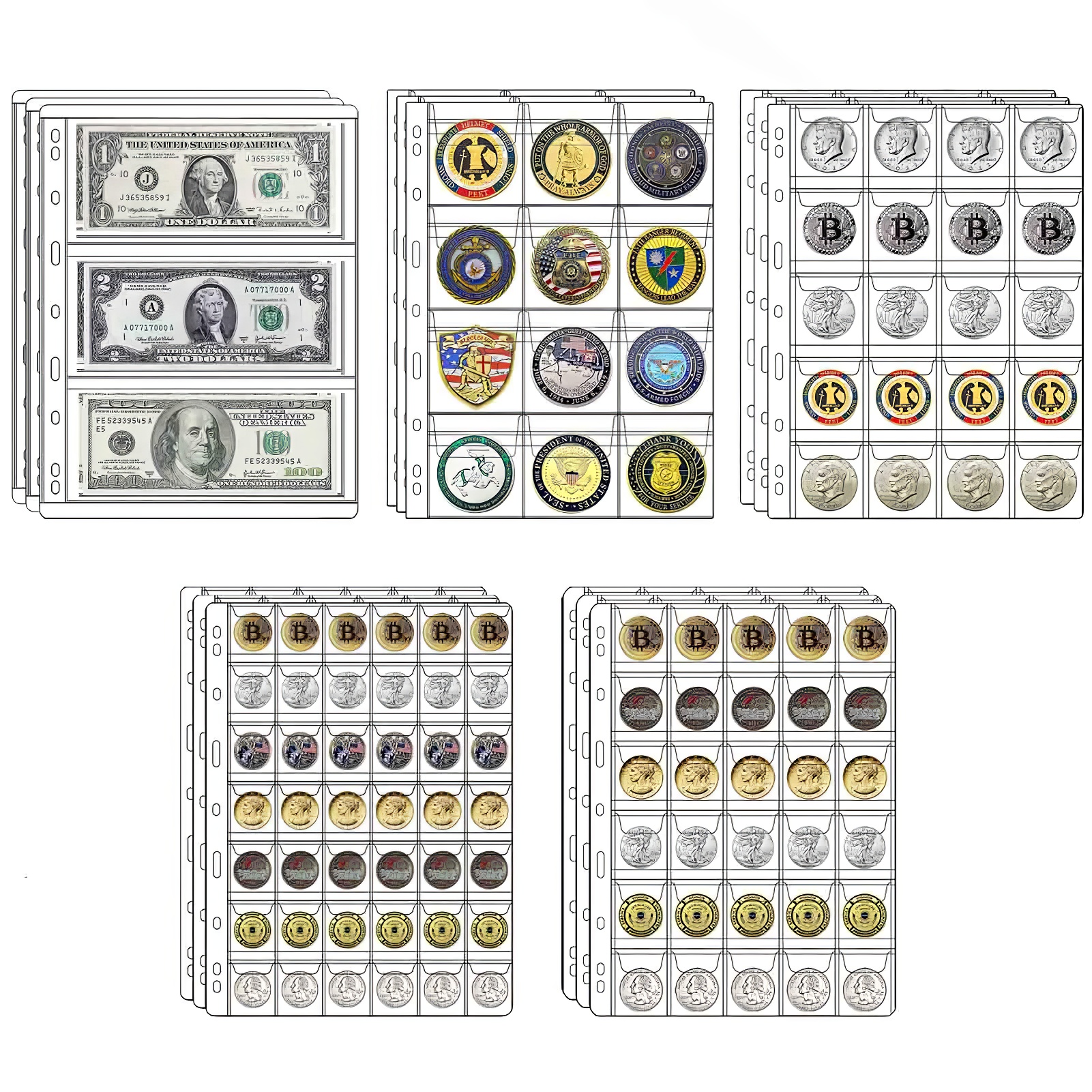 COLLECTOR 10 Hojas Para Álbum De Monedas – 20 Bolsillos Por Hoja, 200 Monedas De Capacidad, Transparente Y Compatible Con Archivadores Estándar