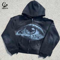 Sweat à capuche rose en polaire surdimensionné avec impression graphique œil aérographe personnalisée, style vintage délavé, streetwear automne, coupe raglan usée
