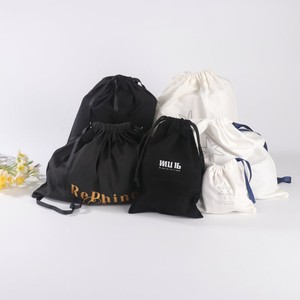 Luxury Custom Logo Black Cotton Drawstring Pouch Premium Jewelry <b>Packaging</b> <b>Bag</b> Small Canvas Gift Pouch with Ribbon Handle - Product Image 3