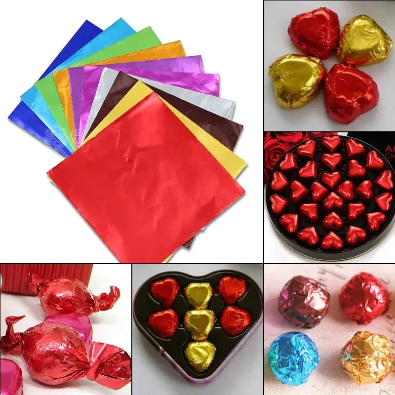 Papel de aluminio precortada para envoltura de dulces y chocolate, hojas coloridas de 10cm x 10cm