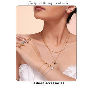 Ensemble tendance pour femme en acier inoxydable plaqué or 18 carats avec pendentif abeille en zircon goutte d'huile, collier, bracelet, bague et boucles d'oreilles - Product Image 2