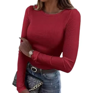T-<span class=keywords><strong>shirt</strong></span> d'été décontracté pour <span class=keywords><strong>femme</strong></span> 2026 à manches longues, <span class=keywords><strong>col</strong></span> <span class=keywords><strong>rond</strong></span>, en maille côtelée extensible, polyester/nylon, coupe ajustée, couleur unie, doux - Product Image 4