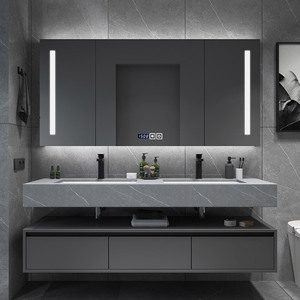 Muebles de Baño Modernos de Lujo, Gabinetes de Madera Contrachapada Montados en la Pared, Encimera de Pizarra, Mueble de Baño Flotante para Hotel o Apartamento con Lavabo Doble - Product Image 4