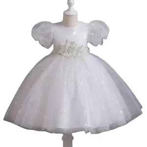 3 Years Old Sequin Flower Trim Puff Sleeve Comfy Tutu Dress Kids Clothes Fancy Short Birthday Party Dresses For Little Girls