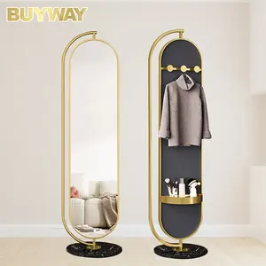 Full Length Floor Standing Mirror Com Prateleira 360 Graus Rotatable Luxo Gold Framed Dressing Mirror Com Cabide Cesta De Armazenamento