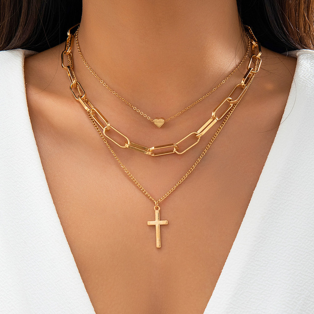 NK230110 Wholesale Fashion Women Choker Multi 3 Layers Chain Diamond Cross Copper Pendant Necklace