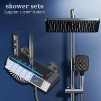 Ensemble de pomme de douche en laiton LED gris canon, colonnes de douche carrées, montage mural, mitigeur de douche en cascade