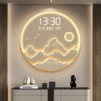 Horloge murale décorative de restaurant moderne, peinture de paysage, horloge numérique ronde en porcelaine de cristal avec affichage LED, horloge électronique, art mural