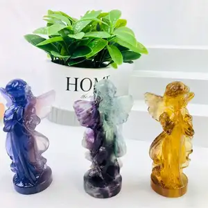 Hot sale high quality natural yellow green fluorite crystal angel carvings polished purple crystal fairy for fengshui decoration