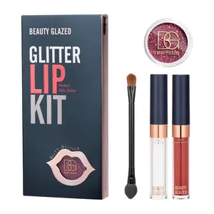 Beauty Glazed 4 In 1 Glitter Lipkit Mit Primer Powder Matte Flüssiger Lippenstift Und Lippen pinsel