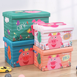 Cartoon Storage Stool Rectangle MDF Toy Organizer For Kids With Lid And Handle Standing Type Orange And Blue - Product Image 1
