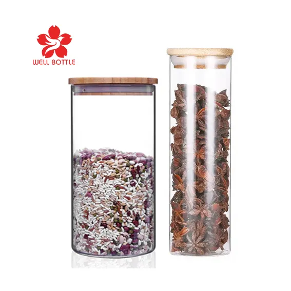 Pote de vidro personalizado para alimentos, pote de vidro com tampa de bambu para tempero, embalagens para chá e café GSJ-12T