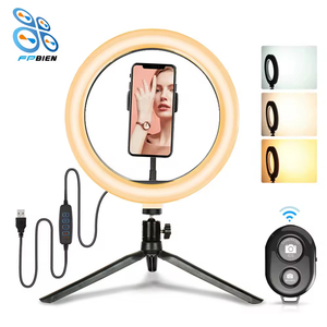 10 pollici <span class=keywords><strong>Mini</strong></span> tavolo LED anello di luce 3 colori Vlogging Selfie anello di bellezza lampada Make up porta telefono Selfie Stick treppiede - Product Image 3