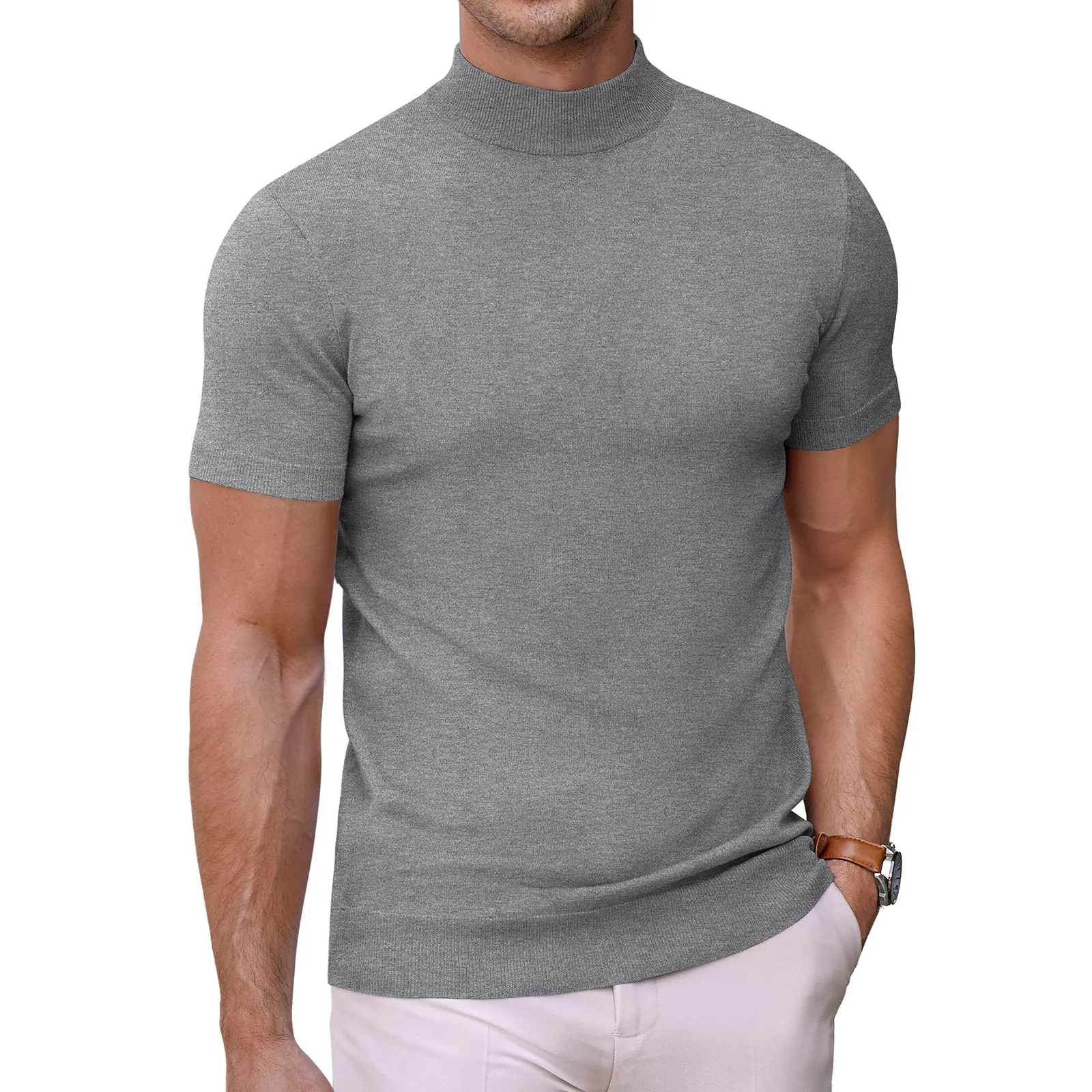 OEM verano cuello alto de punto camiseta jersey de cuello alto personalizado hombres básico de algodón Slim Fit cuello simulado suéter camiseta para hombres