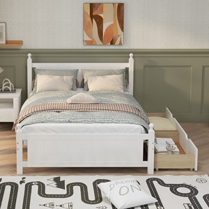 Solid Wood Platform <b>Bed</b> <b>Frame</b> <b>With</b> 2 Drawers <b>Storage</b> For Kids Bedroom <b>White</b> Color - Product Image 4