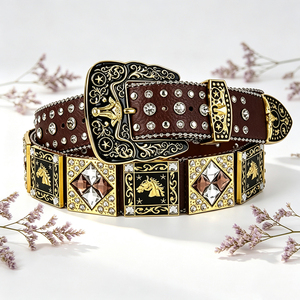 Ceinture unisexe en cuir style western avec strass, large, boucle en alliage gravée tête de cheval dorée, pour jeans, fêtes et spectacles - Product Image 4