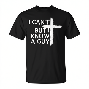 Camiseta con cruz cristiana I Cant But I Know A Guy Design, camisa promocional negra para hombre - Product Image 2