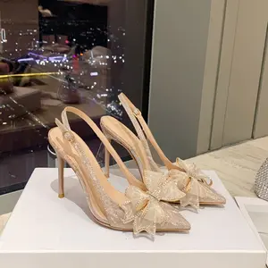 Mới Stiletto chỉ cô dâu đám cưới giày Rhinestone Bow baotou rỗng kính keo cao gót dép