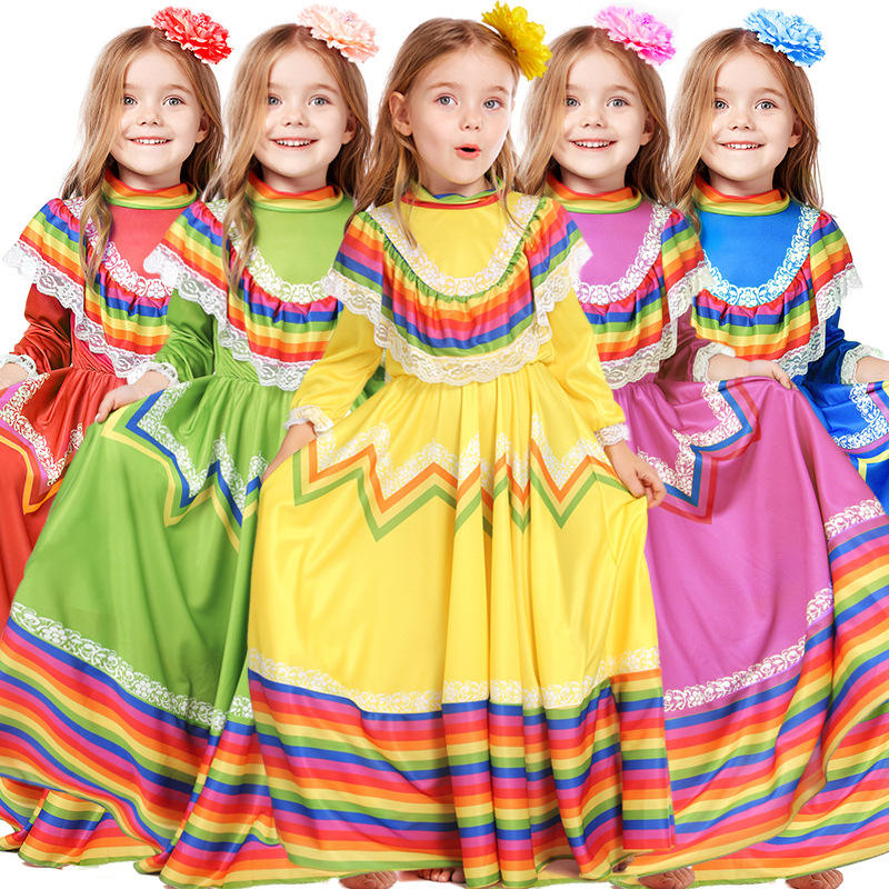 Robe traditionnelle indienne pour filles, Costume d'halloween, enfants du  mexique, carnaval, fête d'anniversaire, fantaisie, robe de danse Flamenco
