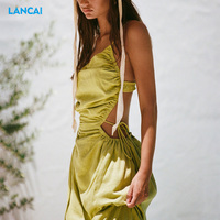 Haute qualité femmes Sexy robe rayonne lin mélange dos ouvert avec fermeture à fermoir unique mince bandoulière dessiner cravates robe Midi