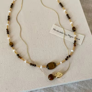 Collar de Moda para Mujer, Estilo Vintage, Cadena para Clavícula de Doble Capa, Chapado en Oro Real, con Colgante de Piedra de Ojo de Tigre Natural - Product Image 5