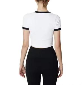 Custom logo Black and White Contrasting Crop Top Cotton <strong>Basic</strong> Tshirt Casual Round Neck <strong>Tee</strong> for Women - Product Image 3