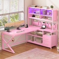 Étagères de rangement, bureau d'ordinateur d'angle réversible, bibliothèque de bureau, armoire en verre, bureau de jeu rose en forme de L