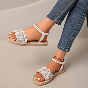 Sandales plates à lanières pour femmes, avec appliques florales, semelle tissée, chaussures de plage décontractées d'été - Product Image 2