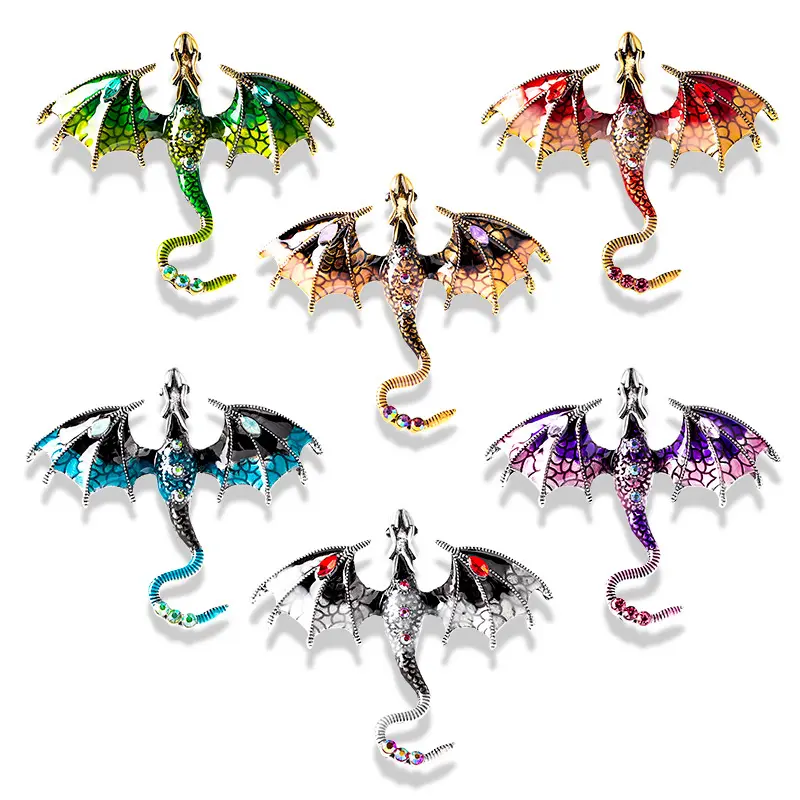 Vintage Men and Women Drop Oil Alloy Rhinestone Cartoon Flying Dragon Brooch