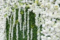 Nouveau design 8x8 pieds, toile de fond de fleur de rose blanche 5D, tissu enroulé, mur de fleur arrière avec vert pour décoration de scène de fête de mariage