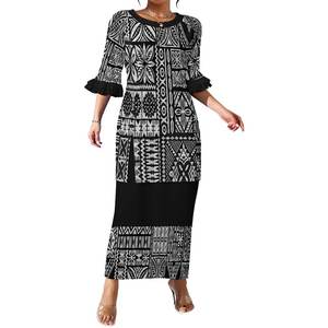 Polynesische Elei tribale design op maat gemaakte casual comfortabele feestjurk voor dames, ronde hals, knoopsluiting, tweedelig set Puletasi - Product Image 5