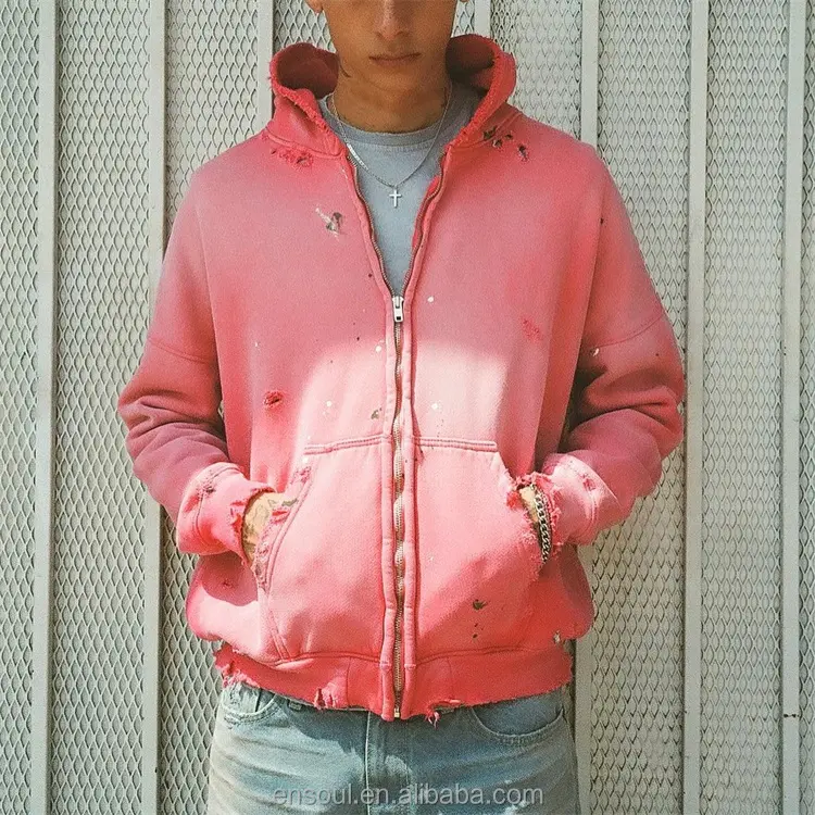 Custom Zipper Hoodie Jacket Pink Cotton French Terry Sweatshirts Blank Full Zip Up Vintage Acid Wash Distressed Hoodies For Men