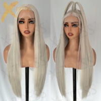 Perruques synthétiques longues et lisses en dentelle frontale, résistantes à la chaleur, grises, effet cheveux naturels pour femmes, densité 180, 30 pouces