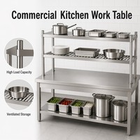 Table de préparation de cuisine en acier inoxydable SUS304, 2 niveaux de rangement, capacité de charge de 500 kg/m, finition polie pour usage commercial, durable
