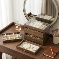 Boîte de rangement à bijoux multi-niveaux de luxe avec finition grain de noyer, couvercle anti-poussière transparent et tiroirs de grande capacité pour la vente au détail