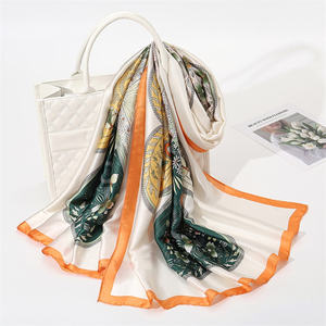 Syal perbatasan hijau oranye panjang Satin putih dengan hadiah selendang dasi leher wanita motif botani - Product Image 1