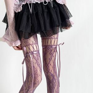 Thigh High Fishnet Stockings Women Black Transparent Drawstring Tie-Up Bow Pantyhose Solid Color Polyester Fiber - Product Image 4