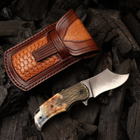 Couteau pliant personnalisé RWL34 Damascus Drop Point OEM |   Couteau vintage à manche en os, fait main, 60-62 HRC, outil de camping EDC, étui en cuir