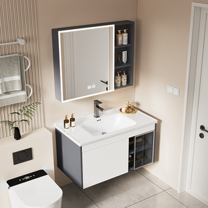 Mueble de baño sencillo con lavabo, espejo y almacenamiento, mueble con espejo para maquillaje, lavabo integrado de cerámica - Product Image 3