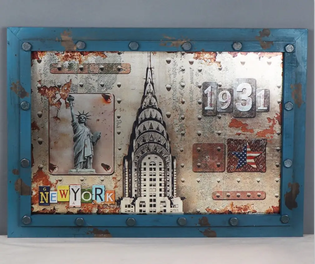 Amerikaanse New York City Map Licht Luxe Ijzeren Toren Drieluik Europese Decoratieve Muurschildering Voor Woonkamer