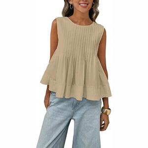 Hochwertige Sommer-Damenbluse mit Schmalpassform, Ärmellos, O-Ausschnitt, Einfach Plissiert, Gewebtes Einfarbiges Polyester-Oberteil - Product Image 2