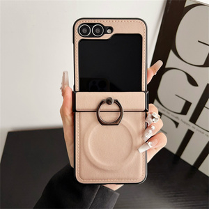 2025 Leather Bracket Case for Samsung <strong>Z</strong> Flip 6 5 4 3 ZFlip4 5 Magnetic Ring <strong>Holder</strong> Stand Shockproof Solid Color Cover - Product Image 1