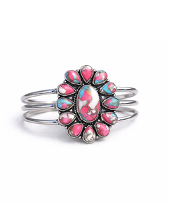 Sterling Silver Turquoise Bangle <b>Boho</b> Floral Cluster Cuff <b>Bracelet</b> Handmade Natural Gemstone Jewelry Artisan Crafted Statement - Product Image 1