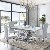 Table à manger moderne en verre super blanc, acier inoxydable, argent
